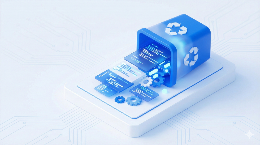 אילוסטרציה תלת־ממדית של ניקוי קוד ושאריות אפליקציות לשיפור מהירות אתר.